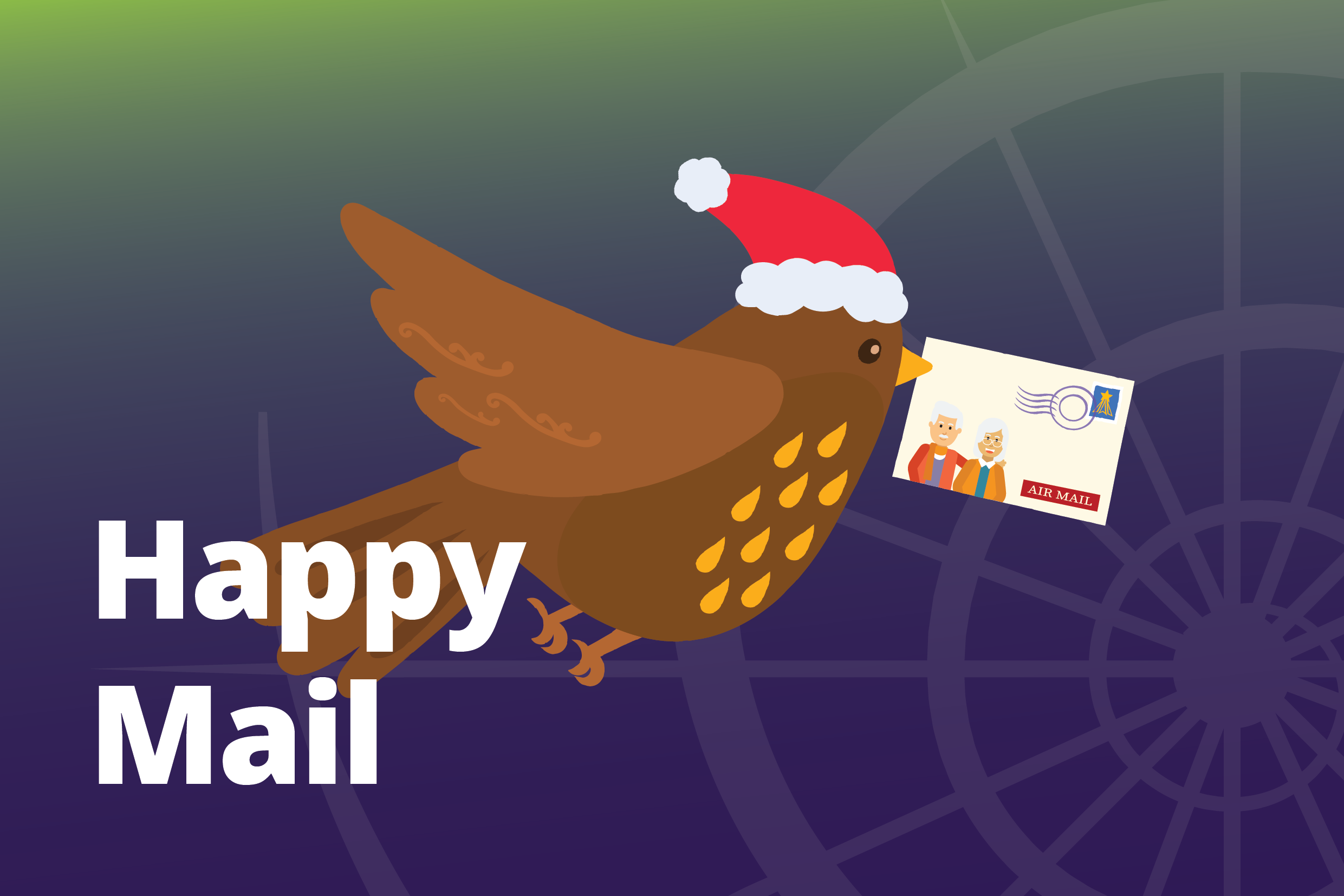 Happy Mail bird delivering cards.