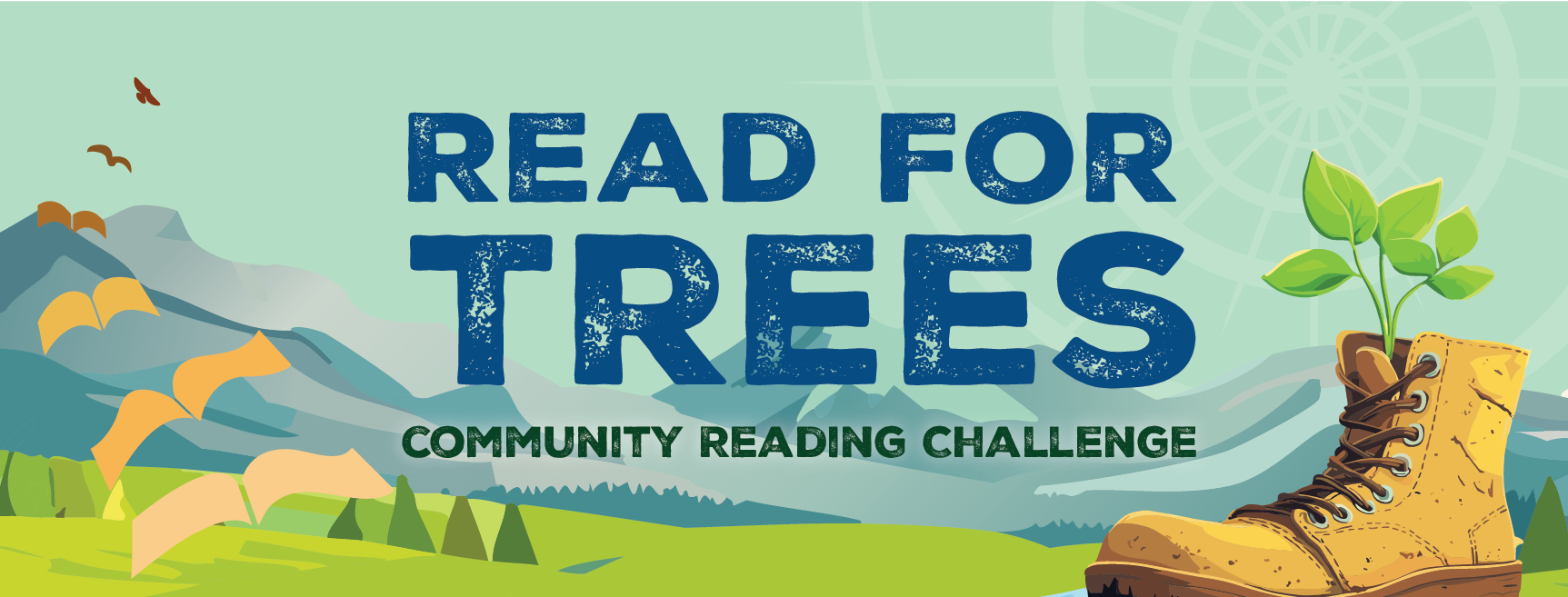 Read For Trees Community Reading Challenge Banner,  plant growing out of shoe.